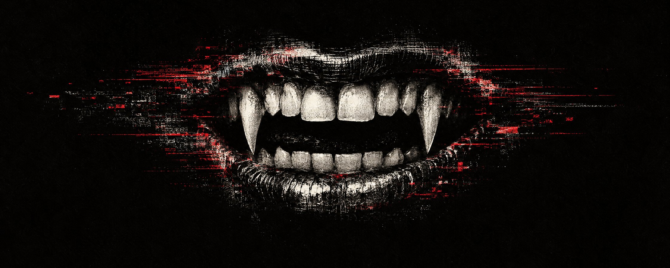 Distressed black-and-white illustration of a fanged mouth.