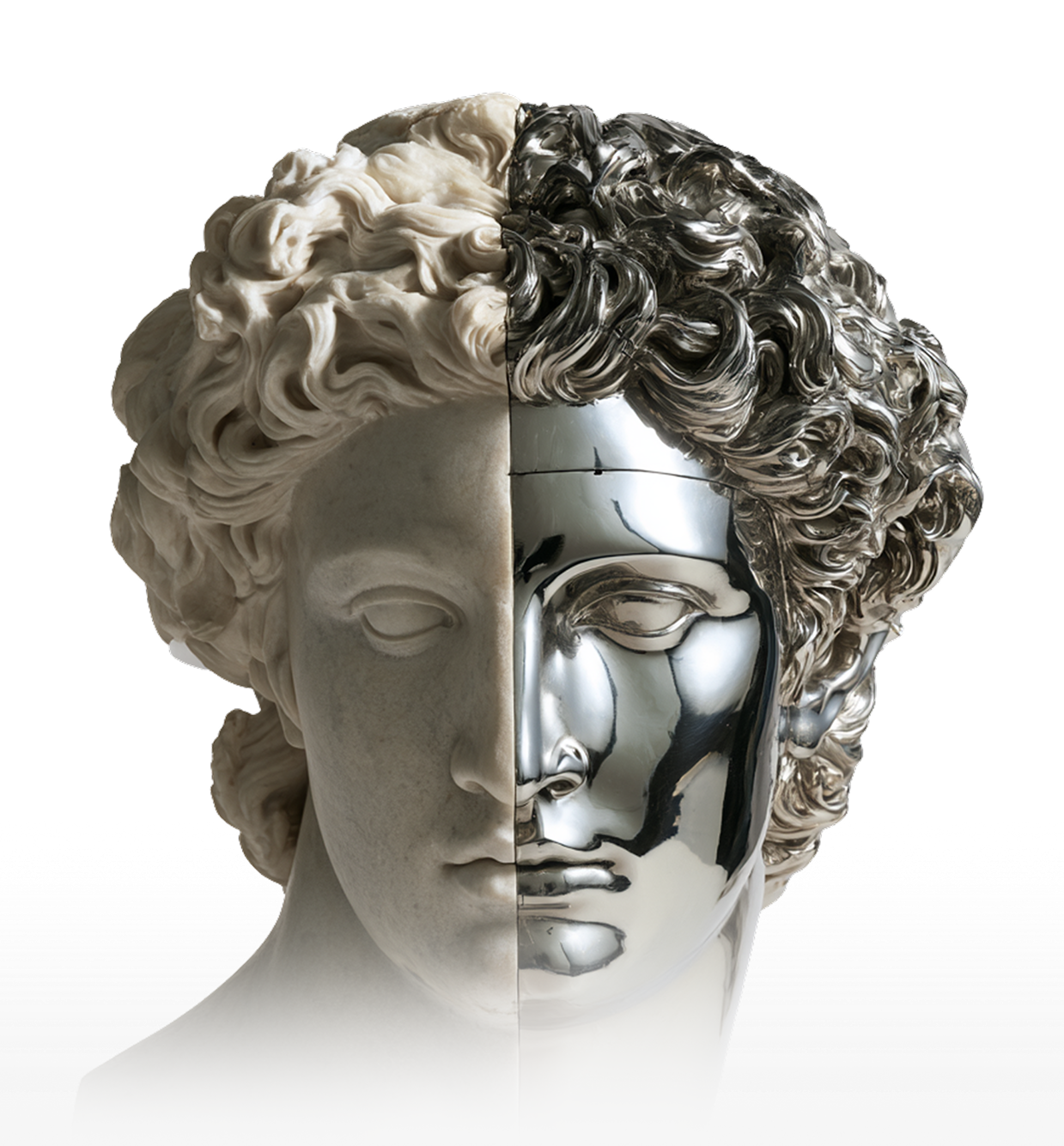 Advising.com artwork showing a classical bust in marble and polished metal.